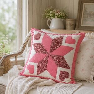 Handmade 1980's Calico Pink LeMoyne Star & Hearts Quilted Throw Pillow 13"